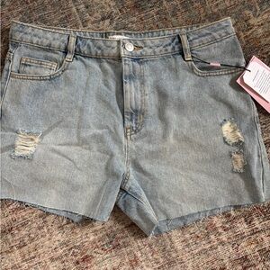 Avec Les Filles Light Blue Distressed Jean Shorts